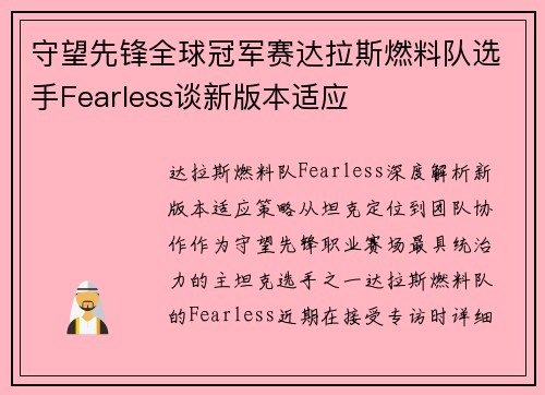 守望先锋全球冠军赛达拉斯燃料队选手Fearless谈新版本适应