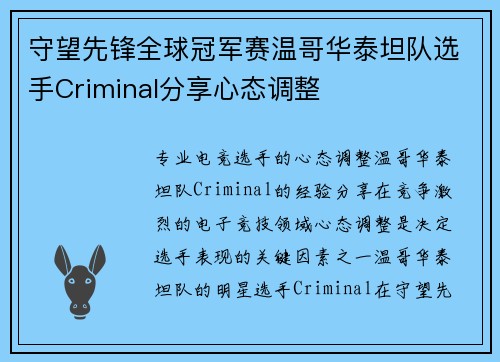 守望先锋全球冠军赛温哥华泰坦队选手Criminal分享心态调整