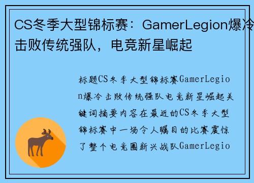 CS冬季大型锦标赛：GamerLegion爆冷击败传统强队，电竞新星崛起